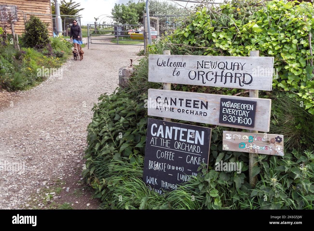 Welcome signs at Newquay Orchard a community initiative in Newquay in Cornwall in the UK. Stock Photo