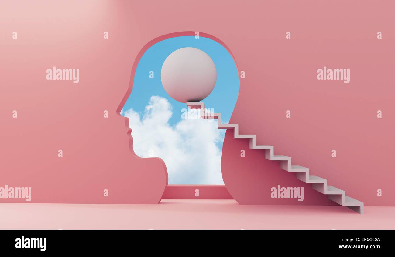mental health and mindfulness concept. steps leading to a bright sky. 3D Rendering Stock Photo