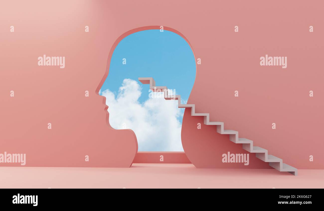 mental health and mindfulness concept. steps leading to a bright sky. 3D Rendering Stock Photo