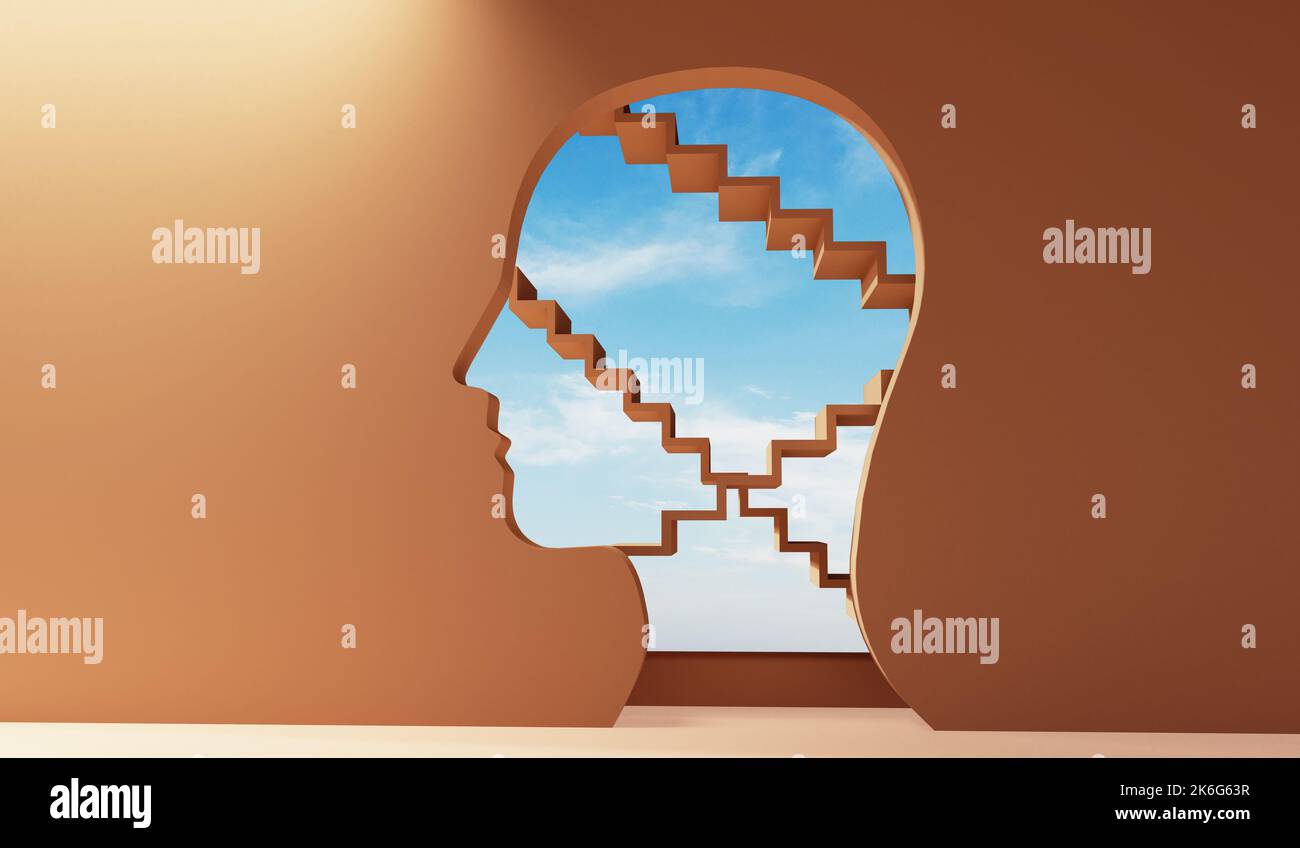 mental health and mindfulness concept. steps leading to a bright sky. 3D Rendering Stock Photo