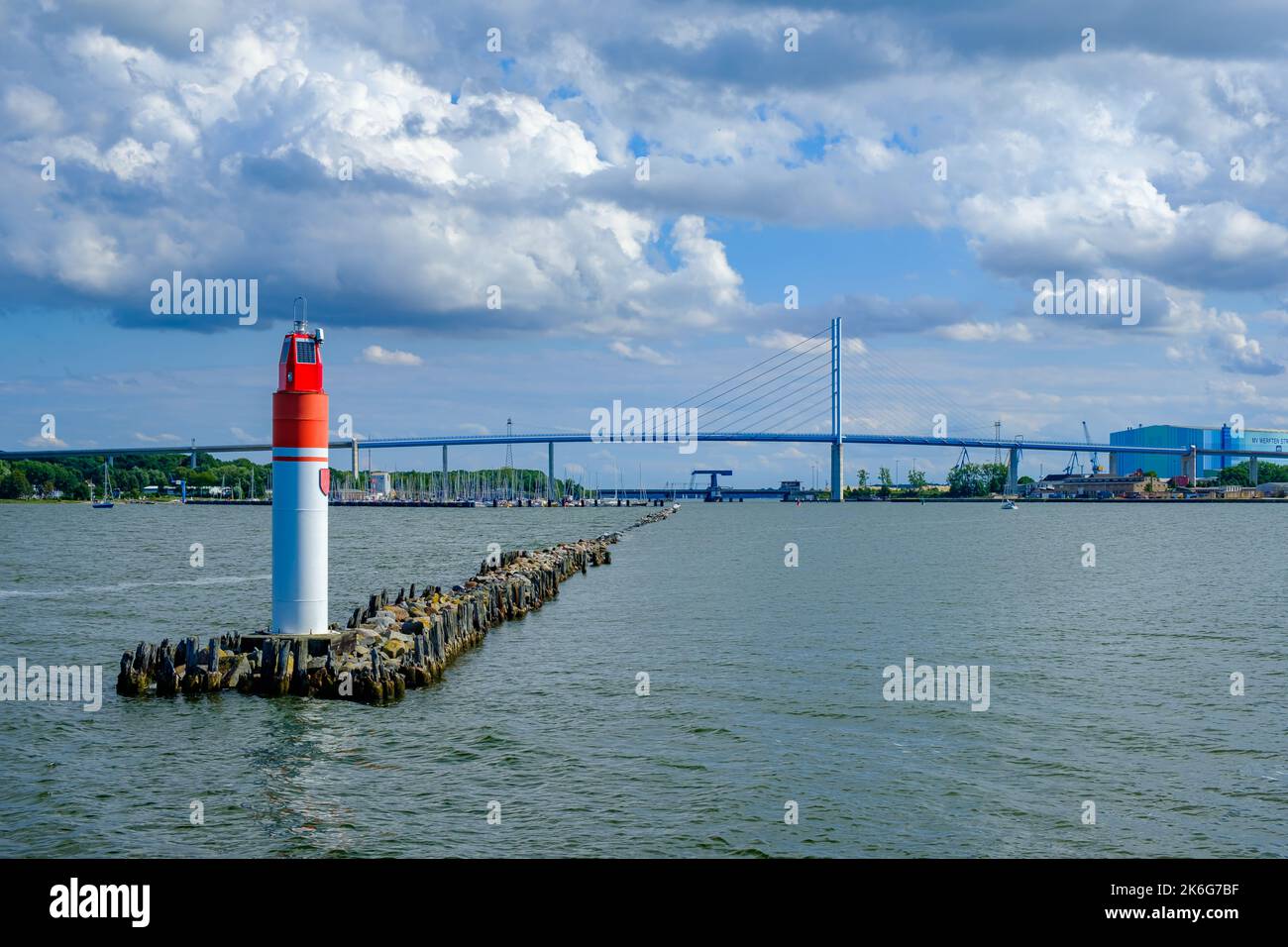 Picturesque view from the central breakwater light over the central breakwater along the Strela Sound to the New Rügen Bridge, Stralsund, Germany. Stock Photo