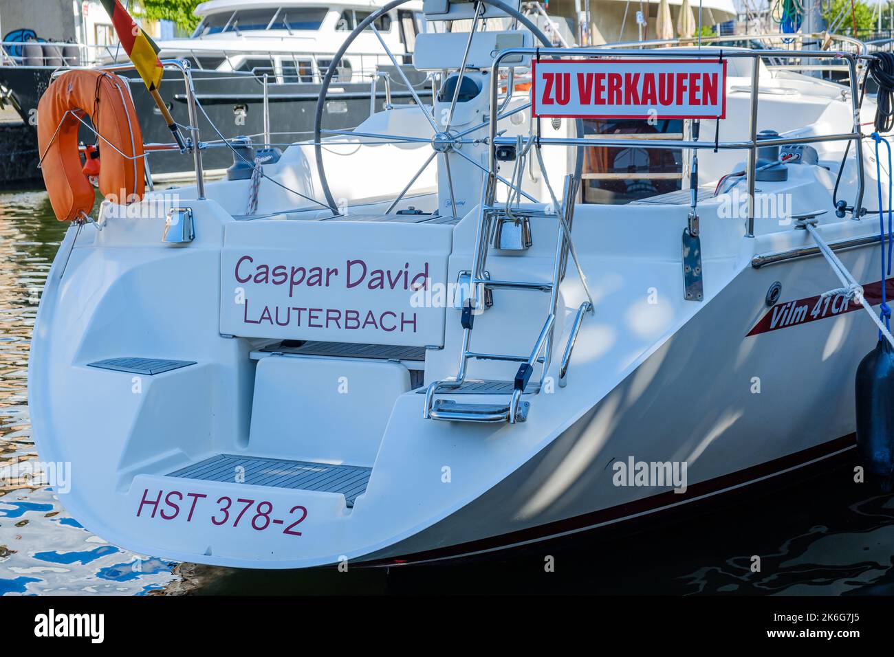 Sailing yacht with the inscription on the stern: Caspar David Lauterbach, Stralsund, Mecklenburg-Western Pomerania, Germany. Stock Photo