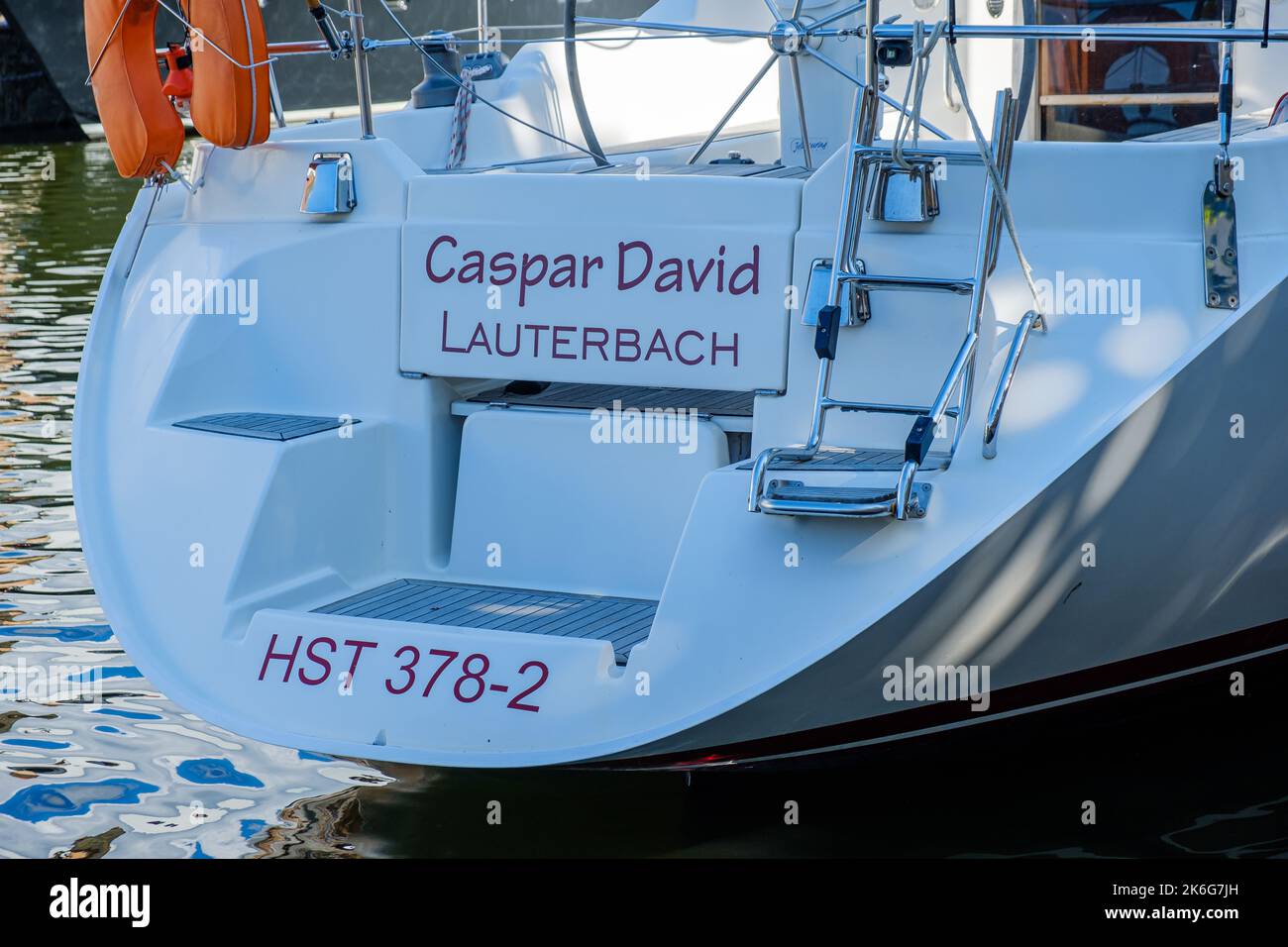 Sailing yacht with the inscription on the stern: Caspar David Lauterbach, Stralsund, Mecklenburg-Western Pomerania, Germany. Stock Photo