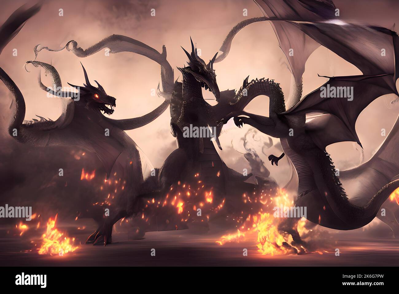 A dramatic illustration of the mighty dragons fighting Stock Photo