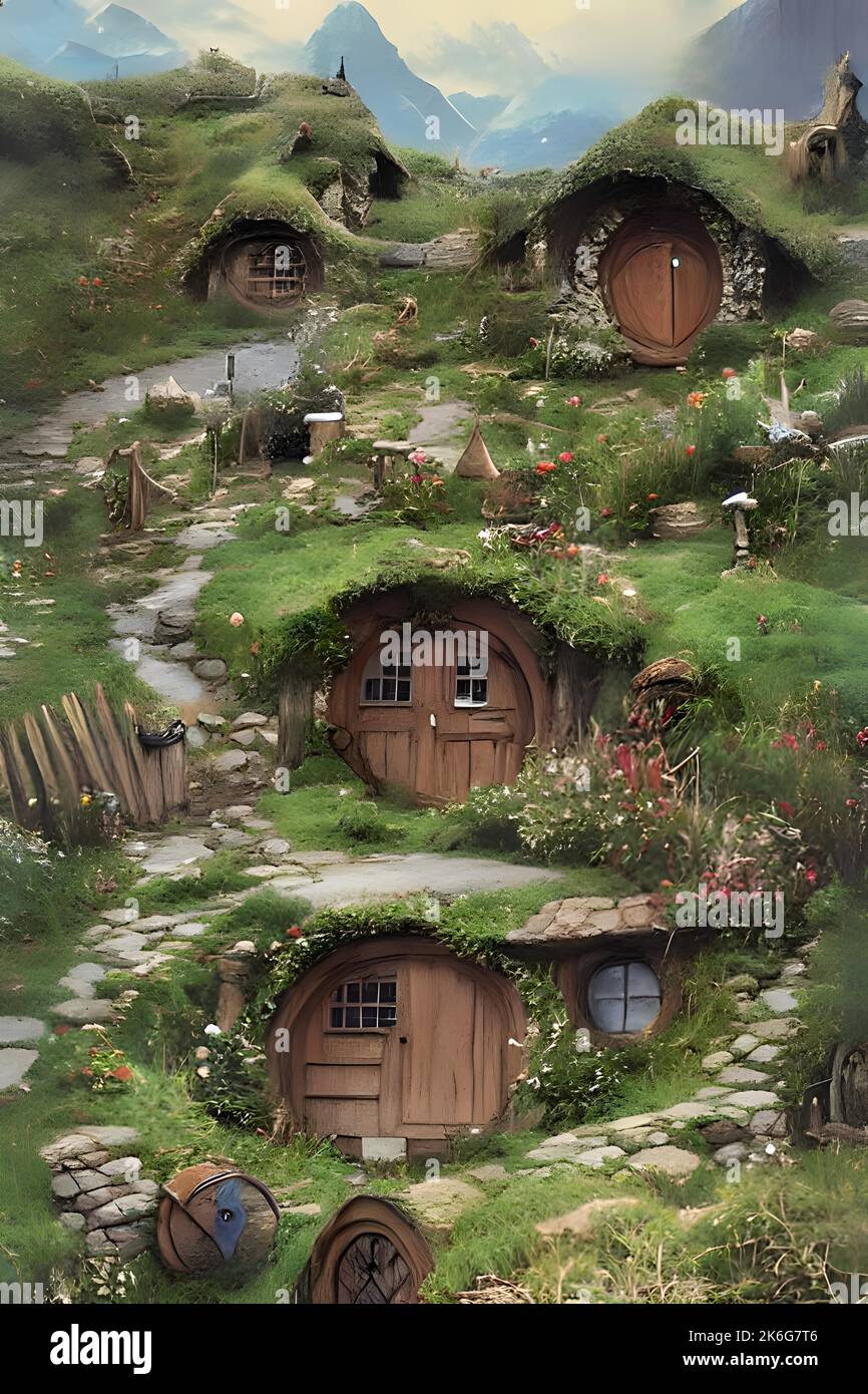A vertical illustration of small rural gnome houses Stock Photo