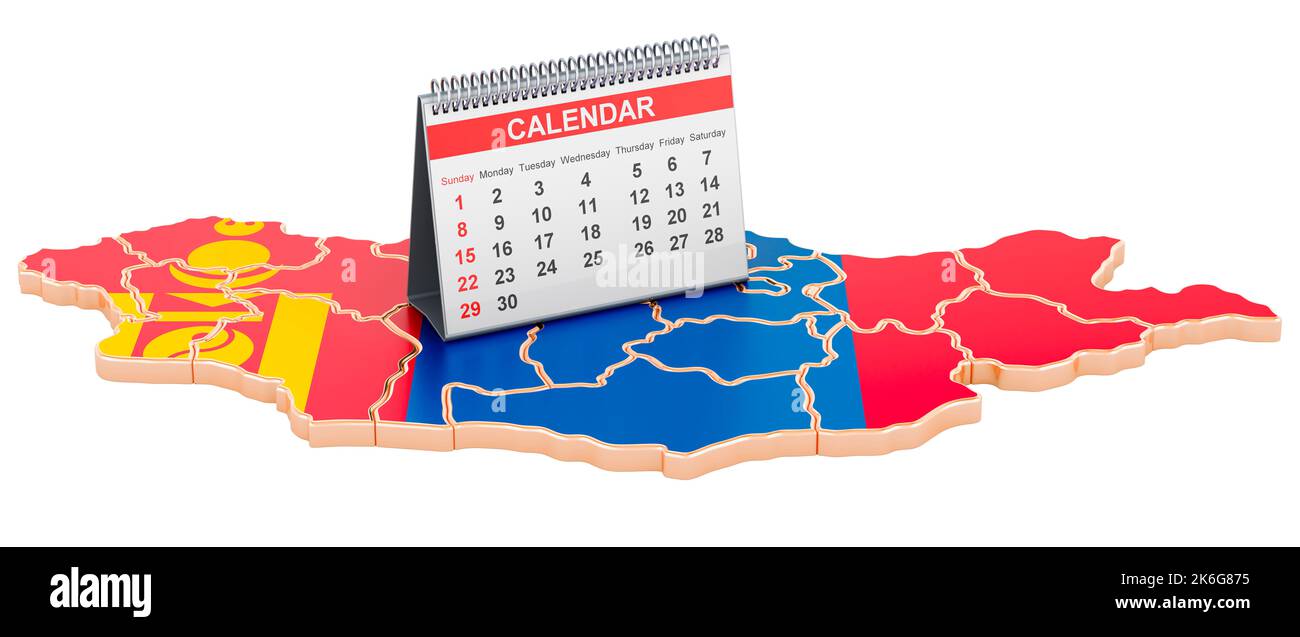 Desk calendar on the map of Mongolia. 3D rendering isolated on white