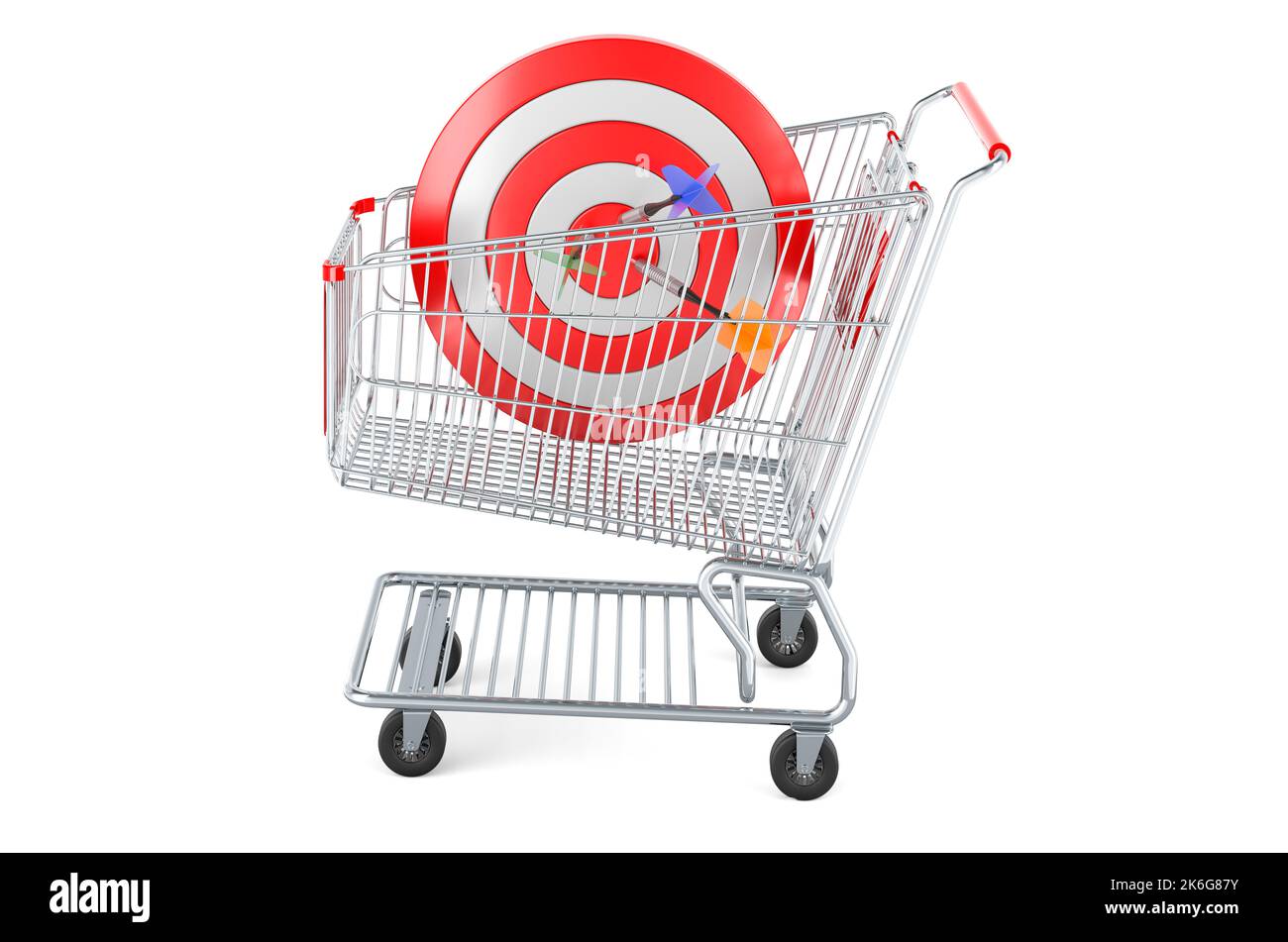Shopping cart with goal and arrows, 3D rendering isolated on white