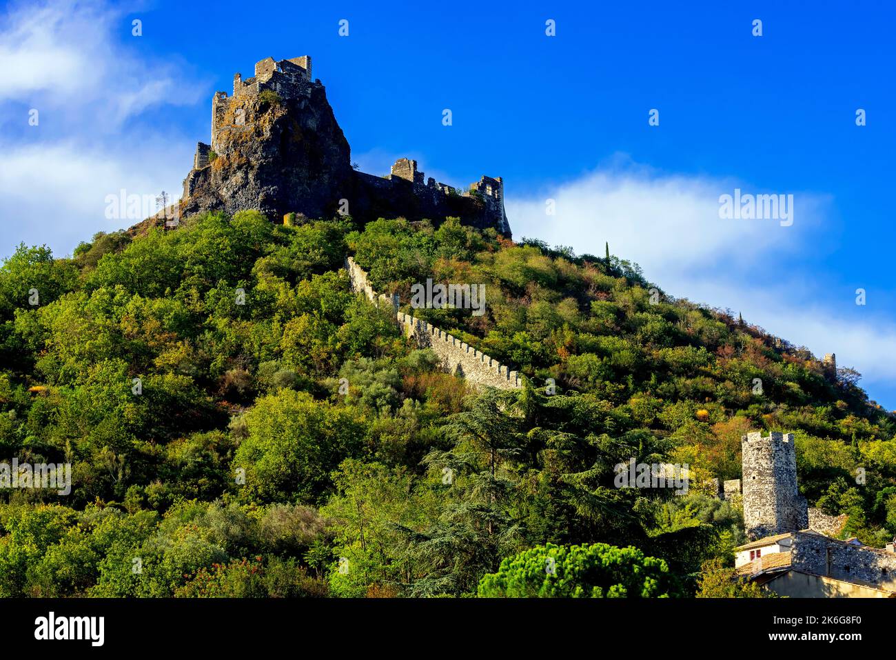 Rochemaure castle perched high above the Rhône valley. Town of Rochemaure in the department of Ardèche. France. Stock Photo