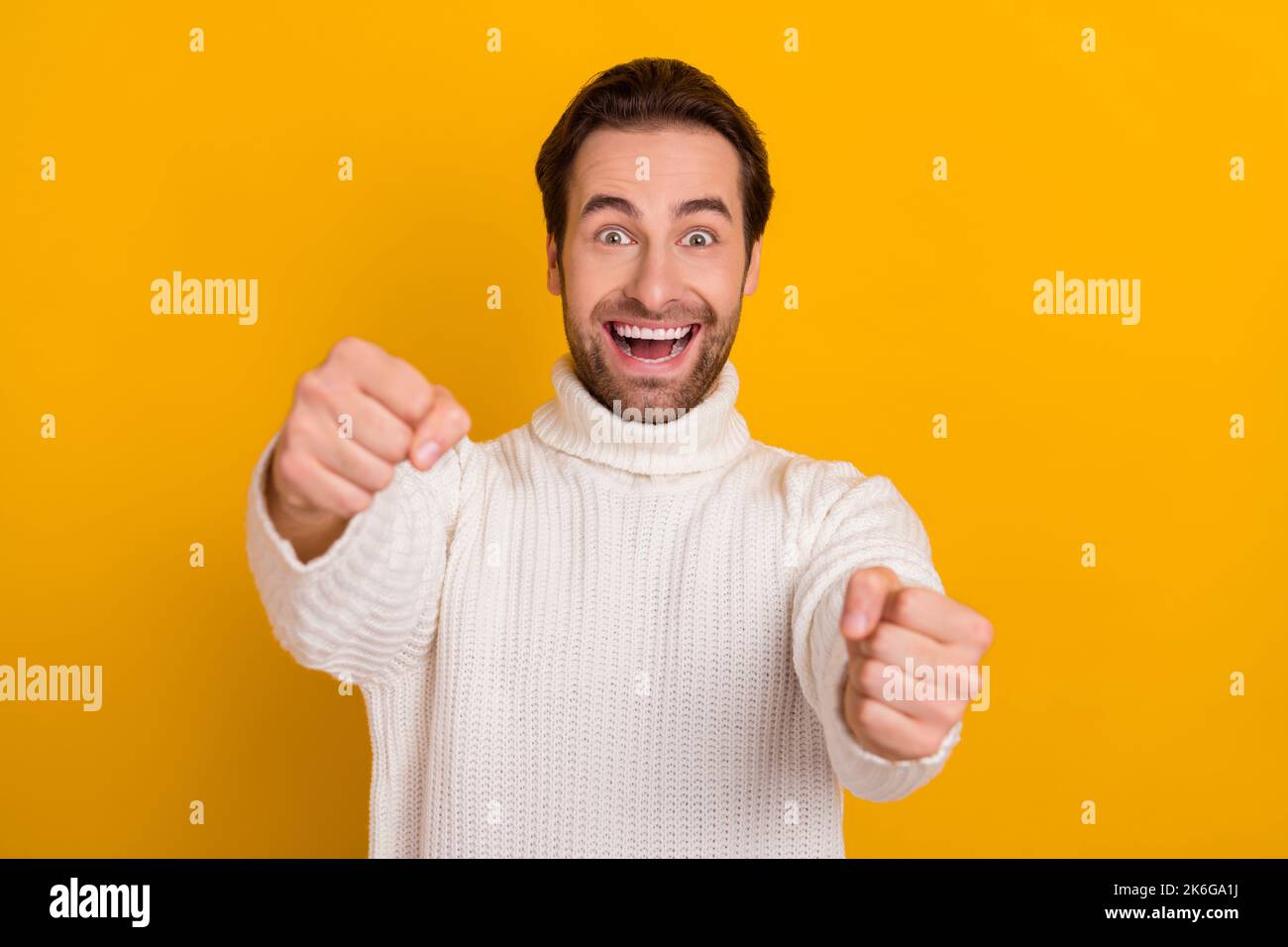 Photo of crazy careless driver guy hands hold imaginary steering wheel ...
