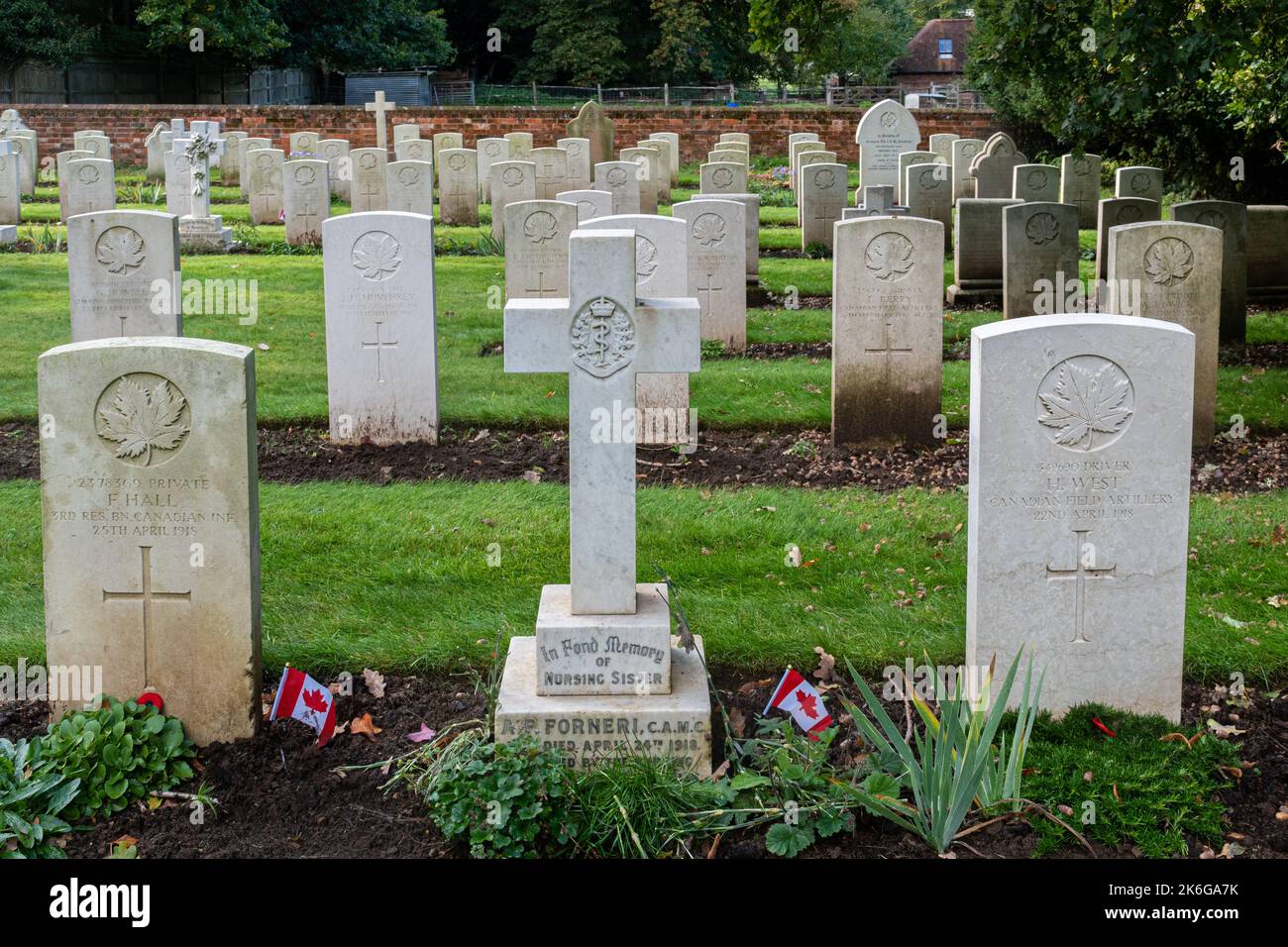 Graves of Canadian soldiers from the first world war in the churchyard of St Mary's Church in Bramshott, Hampshire, England, UK Stock Photo