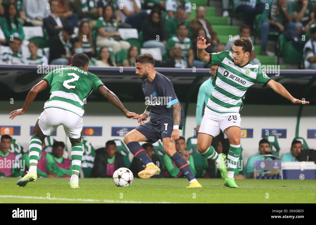 Jonathan Clauss of Olympique Marseille and Matheus Reis , Paulinho of