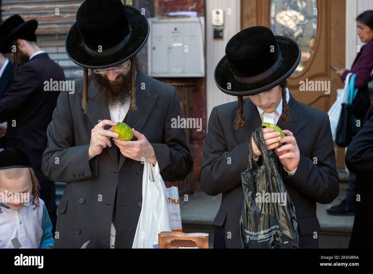 Orthodox jews, presumably father & sons, prepare for Sukkos by checking