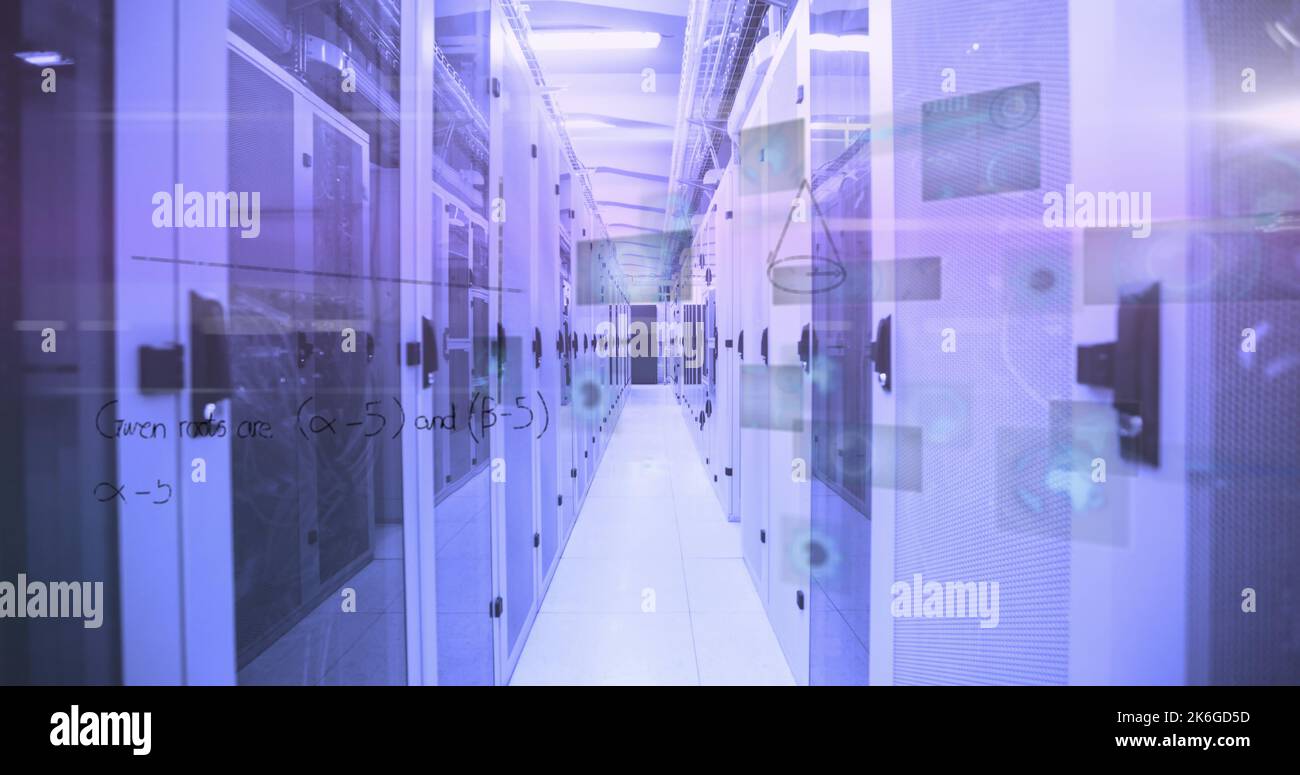 Image of mathematical equations and data processing against computer ...