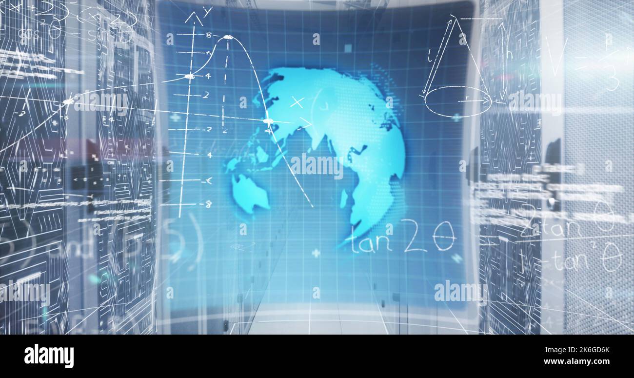 Image of mathematical equations and data processing over 6g text against server room Stock Photo