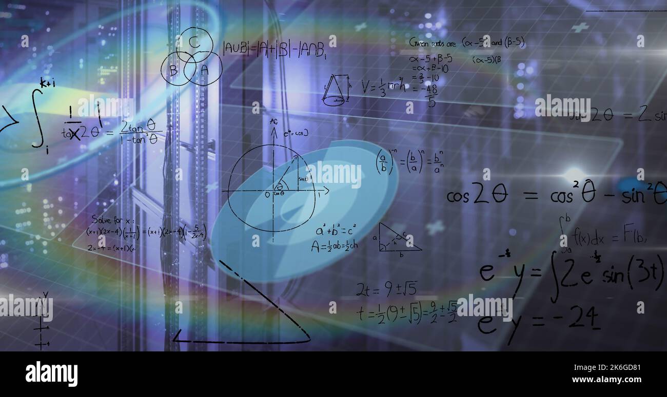 Image of mathematical equations and data processing over rainbow lens