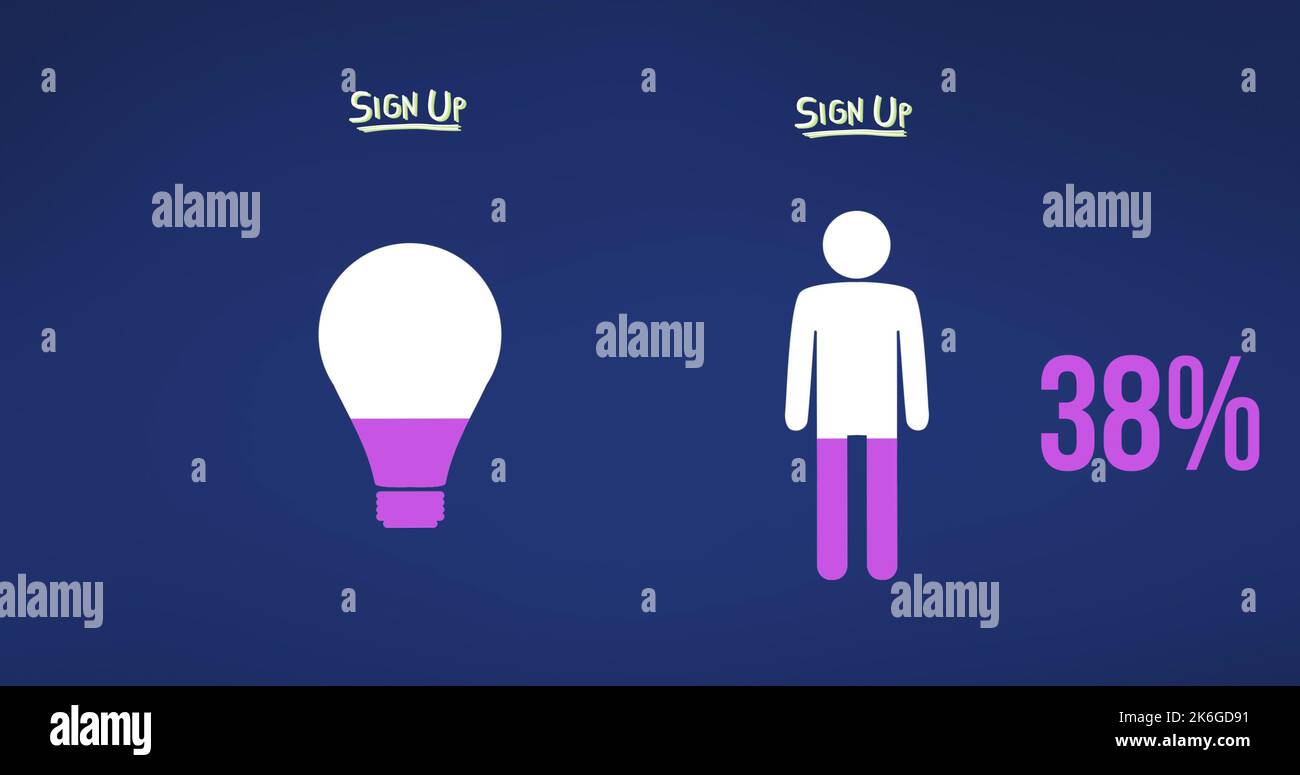 Illustration of sign up text with light bulb, human representation and 38 percent on blue background Stock Photo