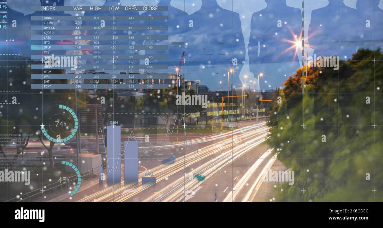 Composition of data processing over cityscape Stock Photo