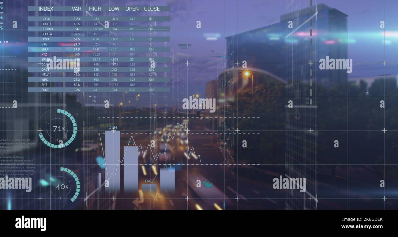 Composition of data processing over cityscape Stock Photo