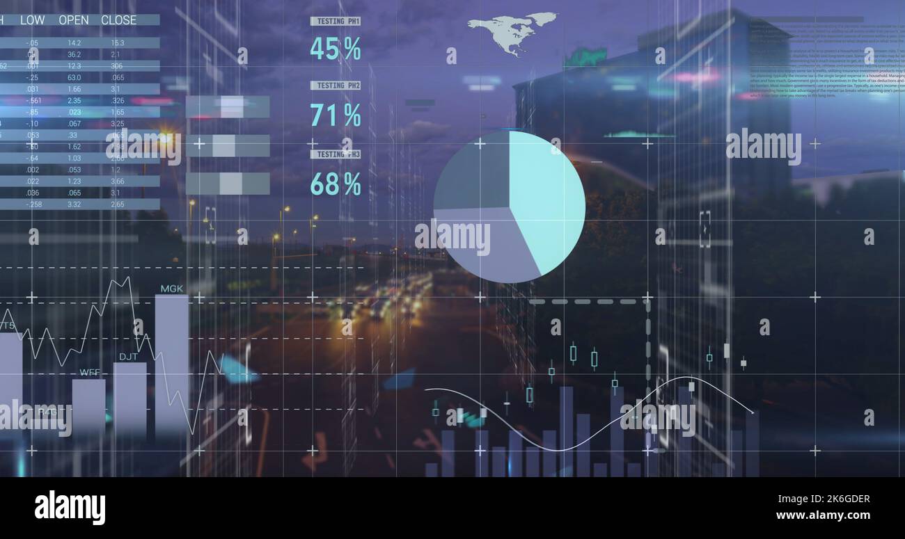 Composition of data processing over cityscape Stock Photo