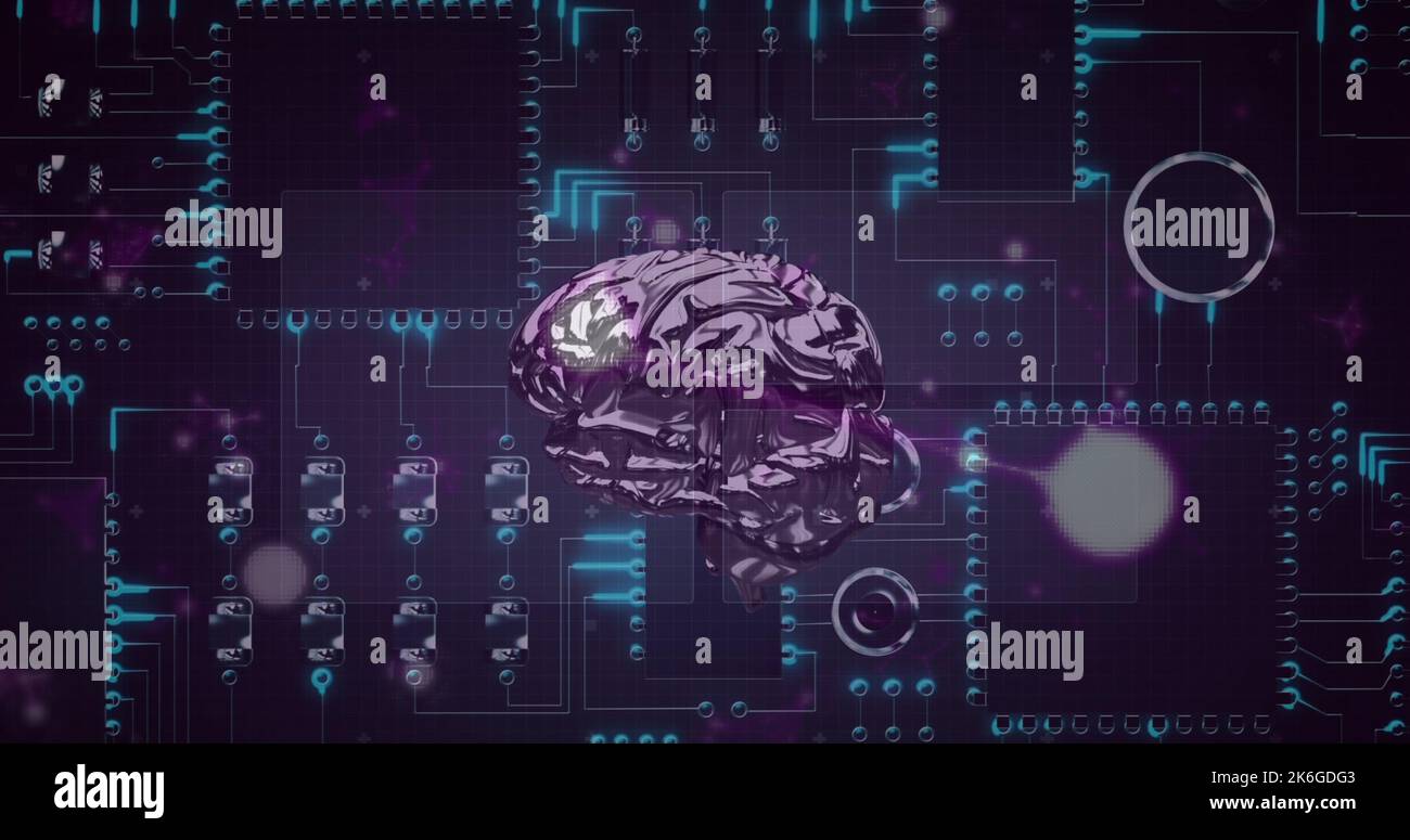 Illustration of digital human brain with circles over circuit board ...