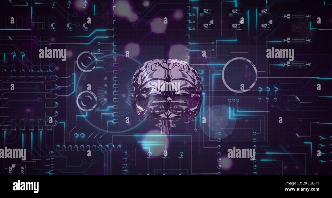 Illustration of digital human brain with circles against circuit board ...