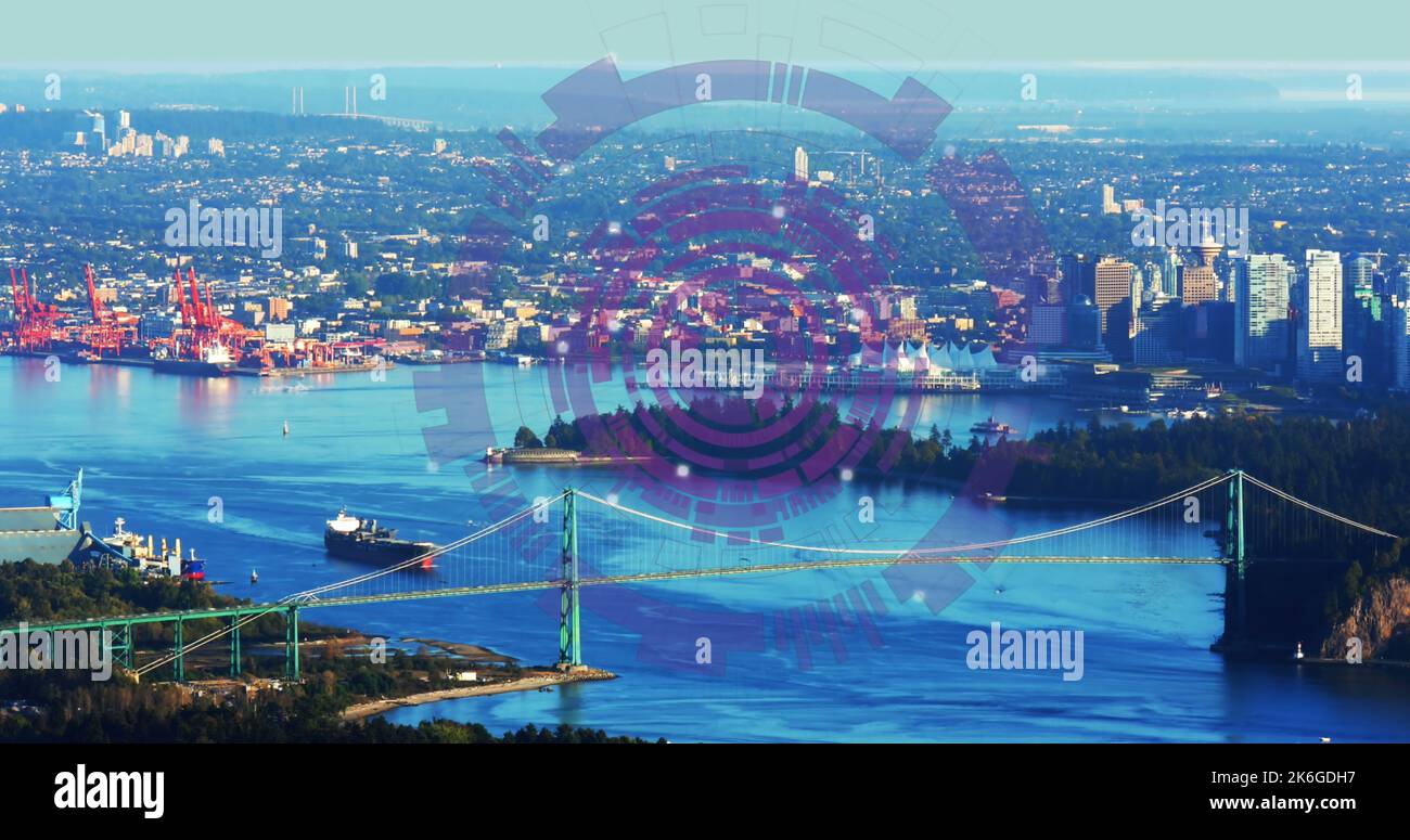 Composition of data processing over cityscape Stock Photo