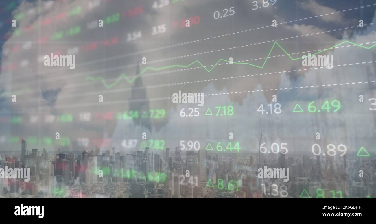 Composition of data processing over cityscape Stock Photo