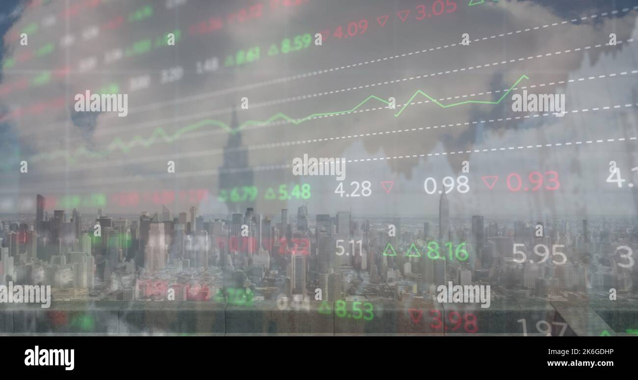 Composition of data processing over cityscape Stock Photo