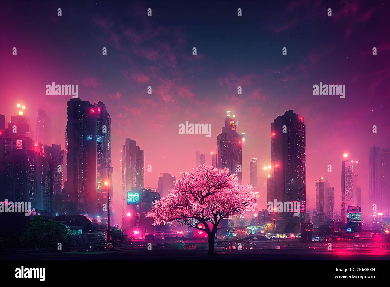 Fantasy Japanese night view city citycape, neon light, residential ...