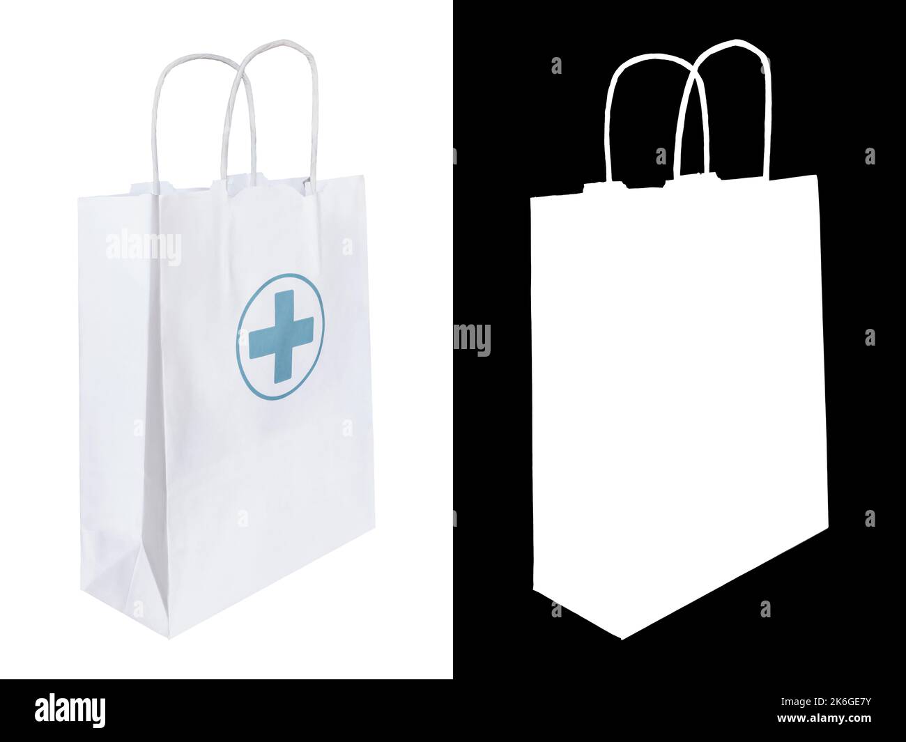 White paper bag with a green Pharmacy logo Isolated on white background with clipping mask Stock Photo