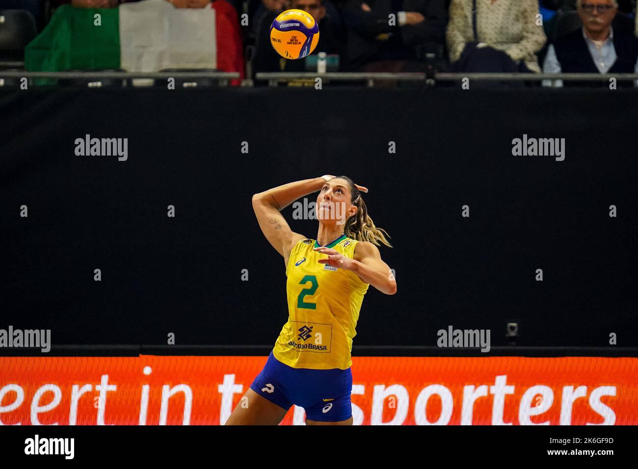 APELDOORN, NETHERLANDS - OCTOBER 13: Caroline De Oliveira Saad Gattaz of  Brazil serves during the Semi Final match between Italy and Brazil on Day  19 of the FIVB Volleyball Womens World Championship