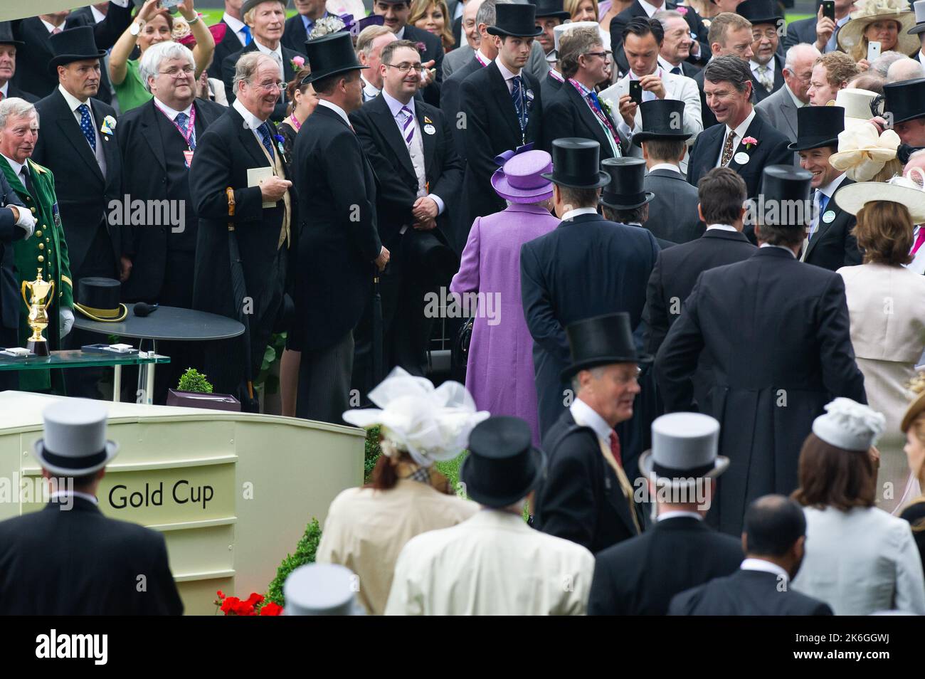 Ascot, Berkshire, UK. 20th June, 2013. Her Majesty the Queen was clearly delighted as her horse Estimate won the Ascot Gold Cup today on Ladies Day at Royal Ascot. This was an historic day as it was the first time a reigning monarch had won the Gold Cup. Estimate was ridden by jockey Ryan Moore. Queen Elizabeth II was due to the presentation for the Gold Cup but her son, the Duke of York did the presentation instead. Issue Date: 14th October 2022. Credit: Maureen McLean/Alamy Stock Photo
