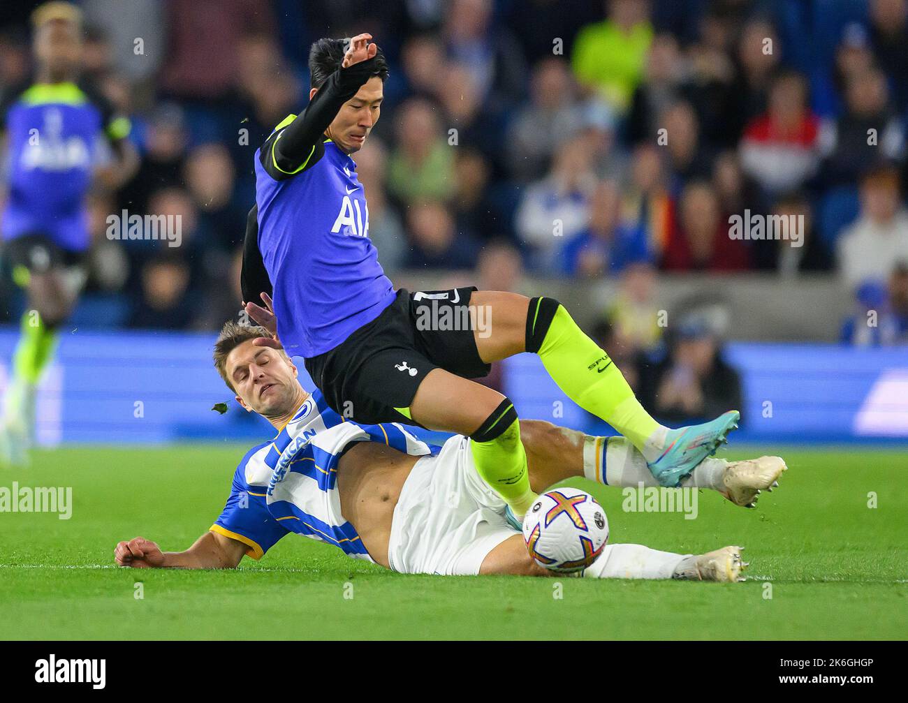 08 Oct 2022 - Brighton and Hove Albion v Tottenham Hotspur - Premier League - Amex Stadium  Tottenham's Heung-Min Son is tackled by Joël Veltman during the Premier League match at the Amex Stadium. Picture : Mark Pain / Alamy Live News Stock Photo