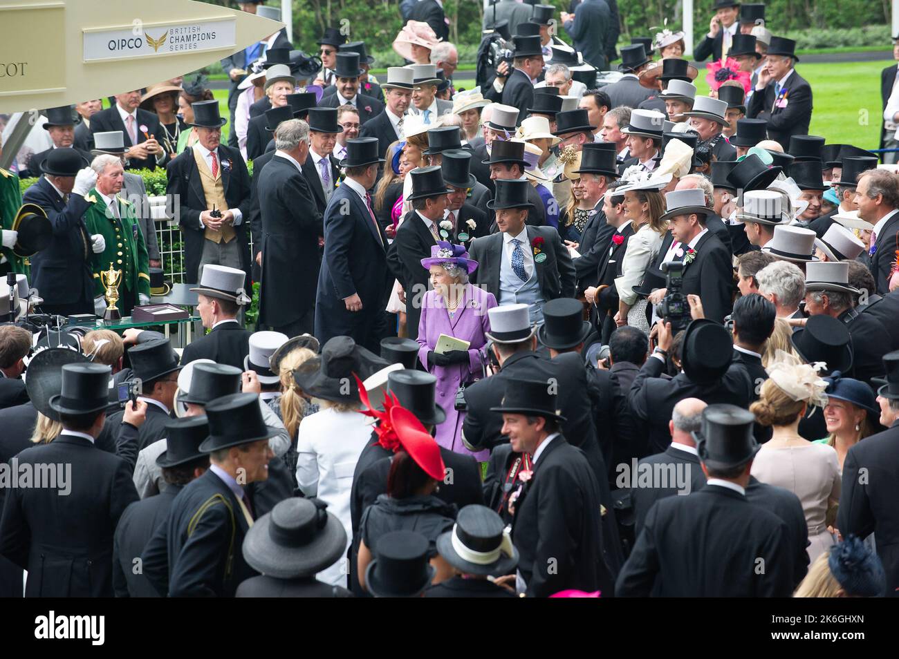 Ascot, Berkshire, UK. 20th June, 2013. Her Majesty the Queen was clearly delighted as her horse Estimate won the Ascot Gold Cup today on Ladies Day at Royal Ascot. This was an historic day as it was the first time a reigning monarch had won the Gold Cup. Estimate was ridden by jockey Ryan Moore. Queen Elizabeth II was due to the presentation for the Gold Cup but her son, the Duke of York did the presentation instead. Issue Date: 14th October 2022. Credit: Maureen McLean/Alamy Stock Photo