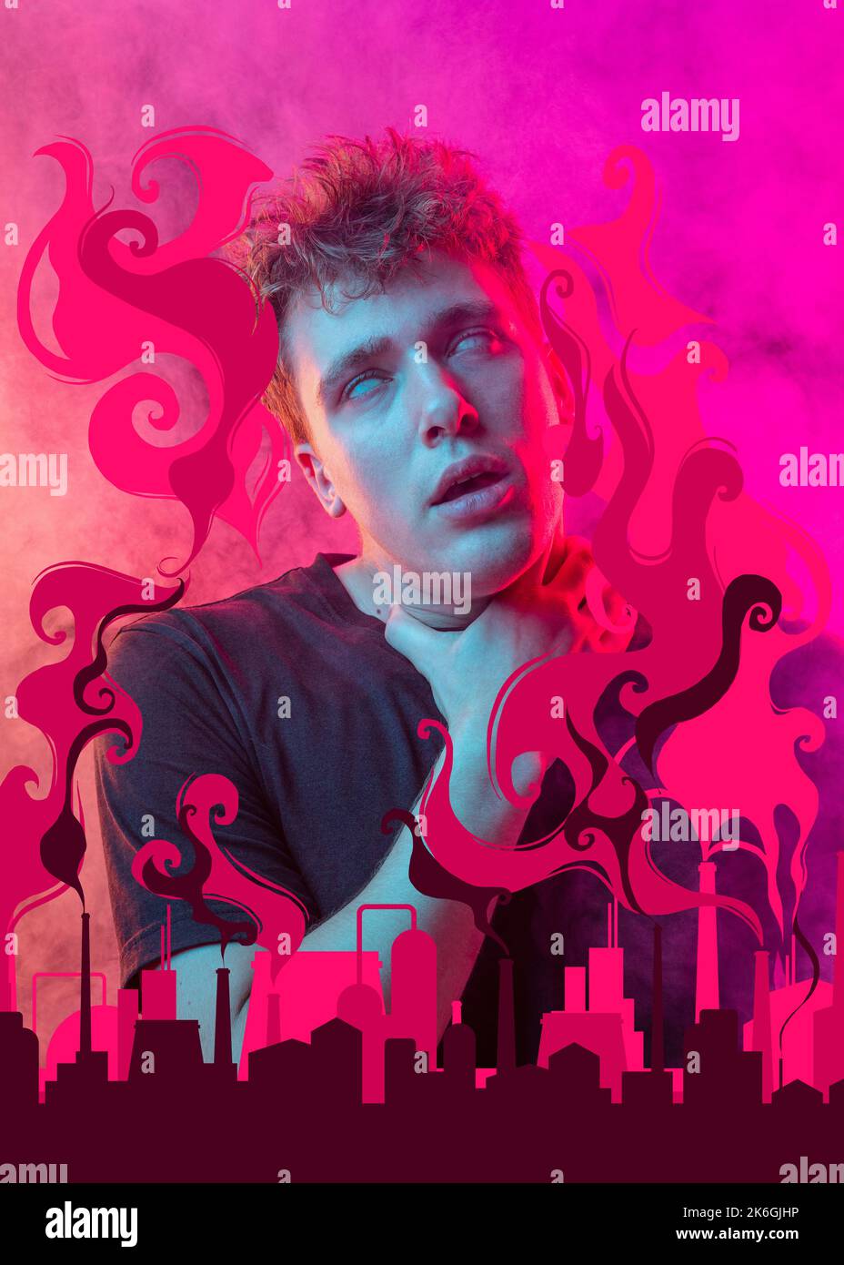 Man holding his neck among color neon clouds pollution, anxiety