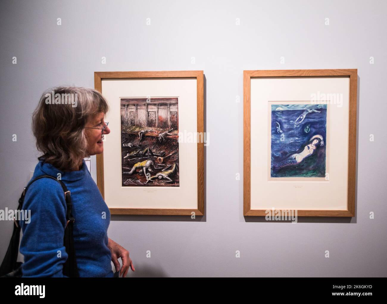 Bedford , Bedfordshire, England 14 October 2022 , (R)  Marc Chagall, Tales from the Arabian Nights ,1948 (L)  Henry Moore Death of the Suitor,The Odyseey, 1944.Changing Times: A Century of Modern British Art (15 October 2022 – 16 April 2023) will be the first large-scale exhibition since the reopening of the Higgins. Paul Quezada-Neiman/Alamy Live News Stock Photo