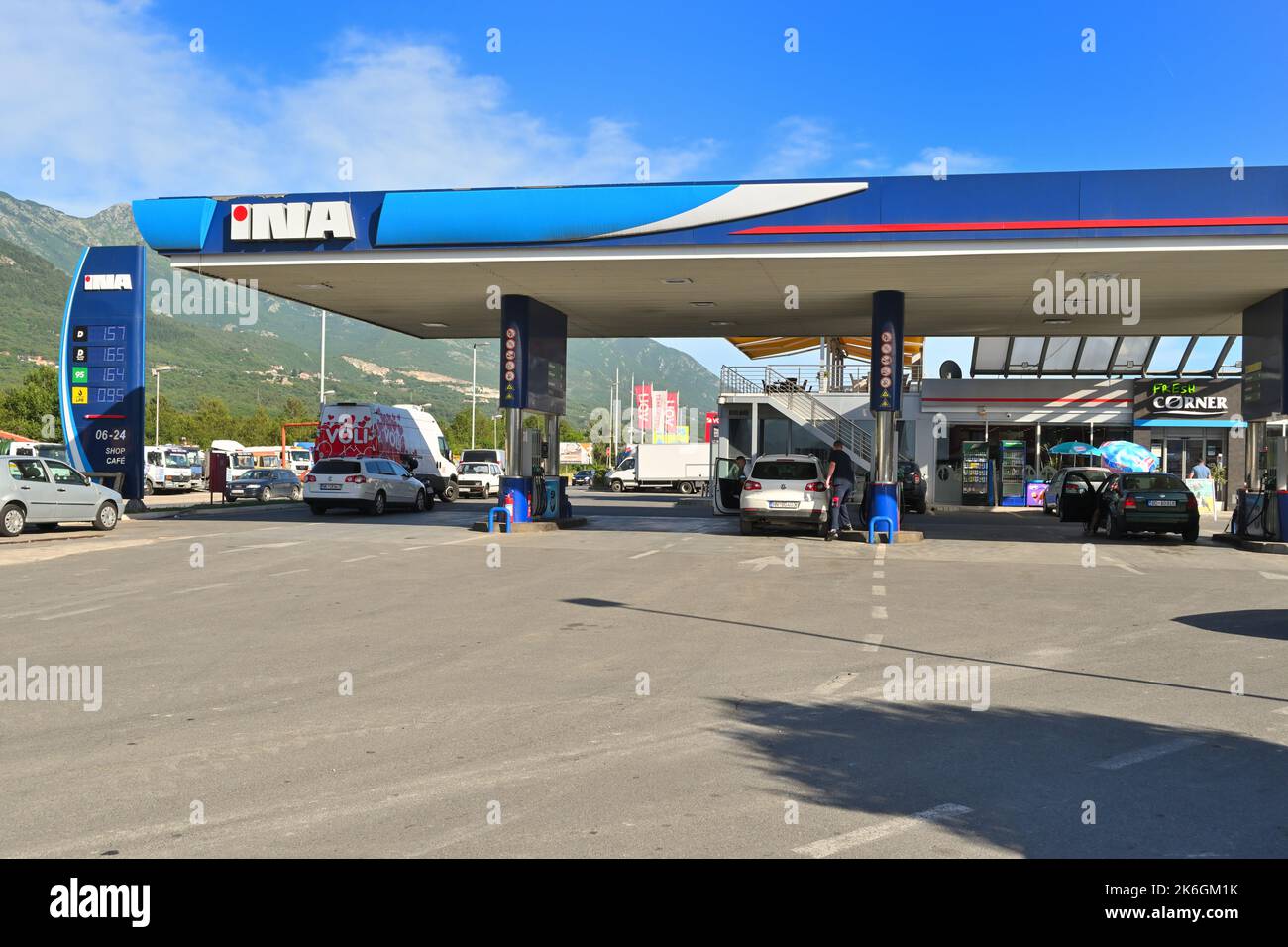 Kotor, Montenegro - June 6, 2022: INA gas station in Montenegro. INA is