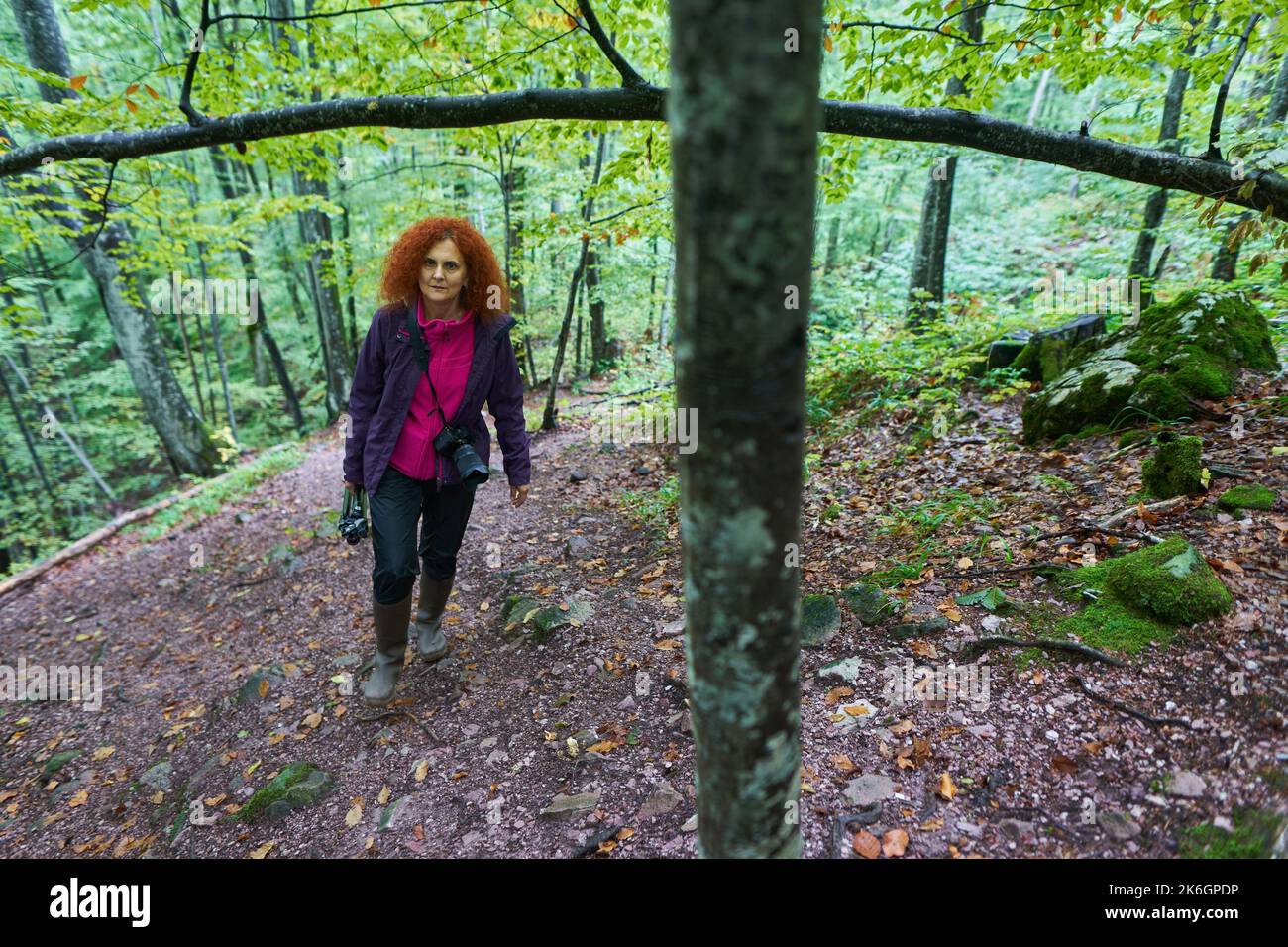 Woman with curly hair, nature photographer, hiking in the mountain ...