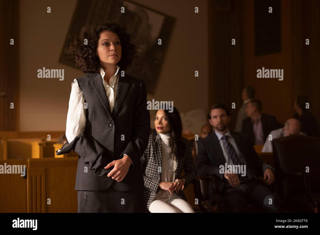 She-Hulk: Attorney At Law (L-R): Tatiana Maslany as She-Hulk/Jennifer 'Jen' Walters, Ginger Gonzaga as Nikki Ramos, and Drew Matthews as Dennis Bukowski Stock Photo