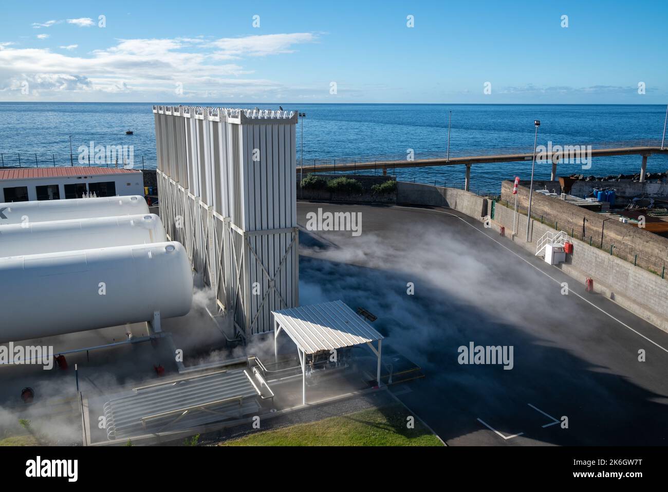 Gas depot with liquid gas on Madeira island with condesation smoke