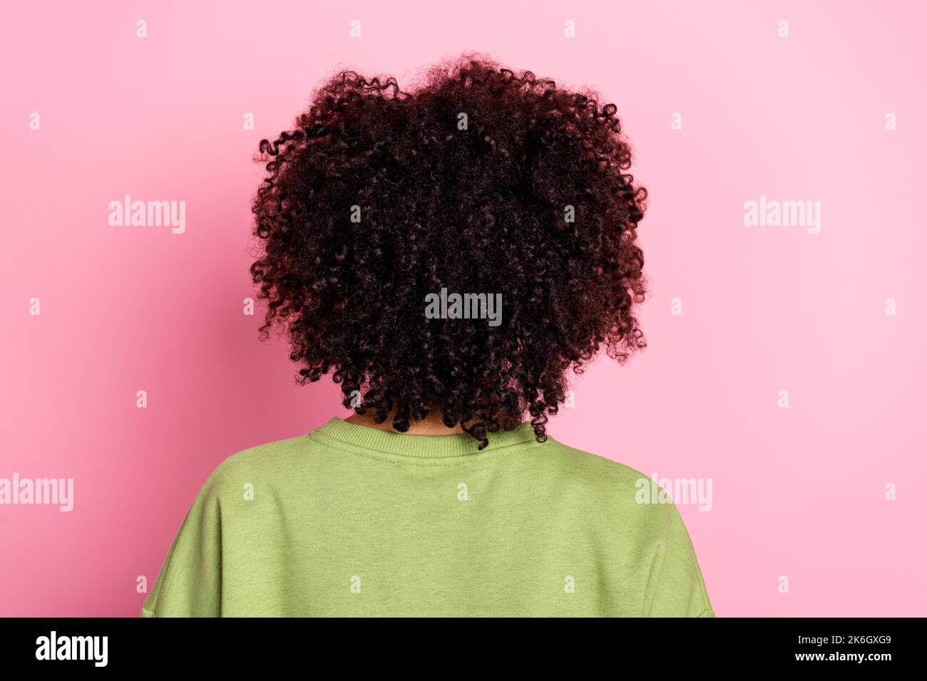 Rear back behind view portrait of attractive wavy-haired girl modern ...