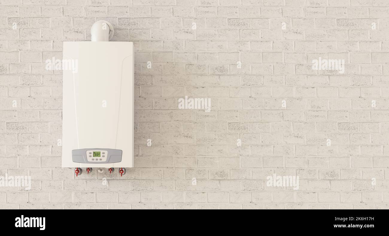 Gas boiler as a water heater for hot water on the wall of a cellar, with copyspace for your individual text. Stock Photo
