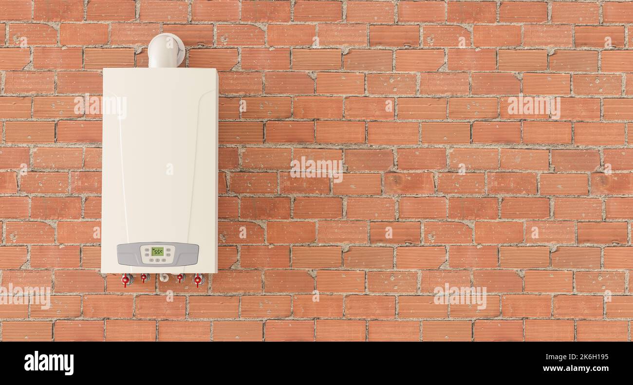Gas boiler on the brick wall in the basement of a house, with copyspace for your individual text. Stock Photo