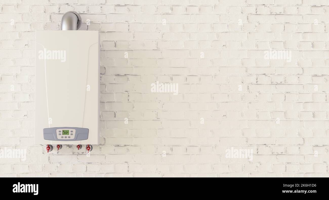Gas boiler on the wall in the basement of a house, with copyspace for your individual text. Stock Photo