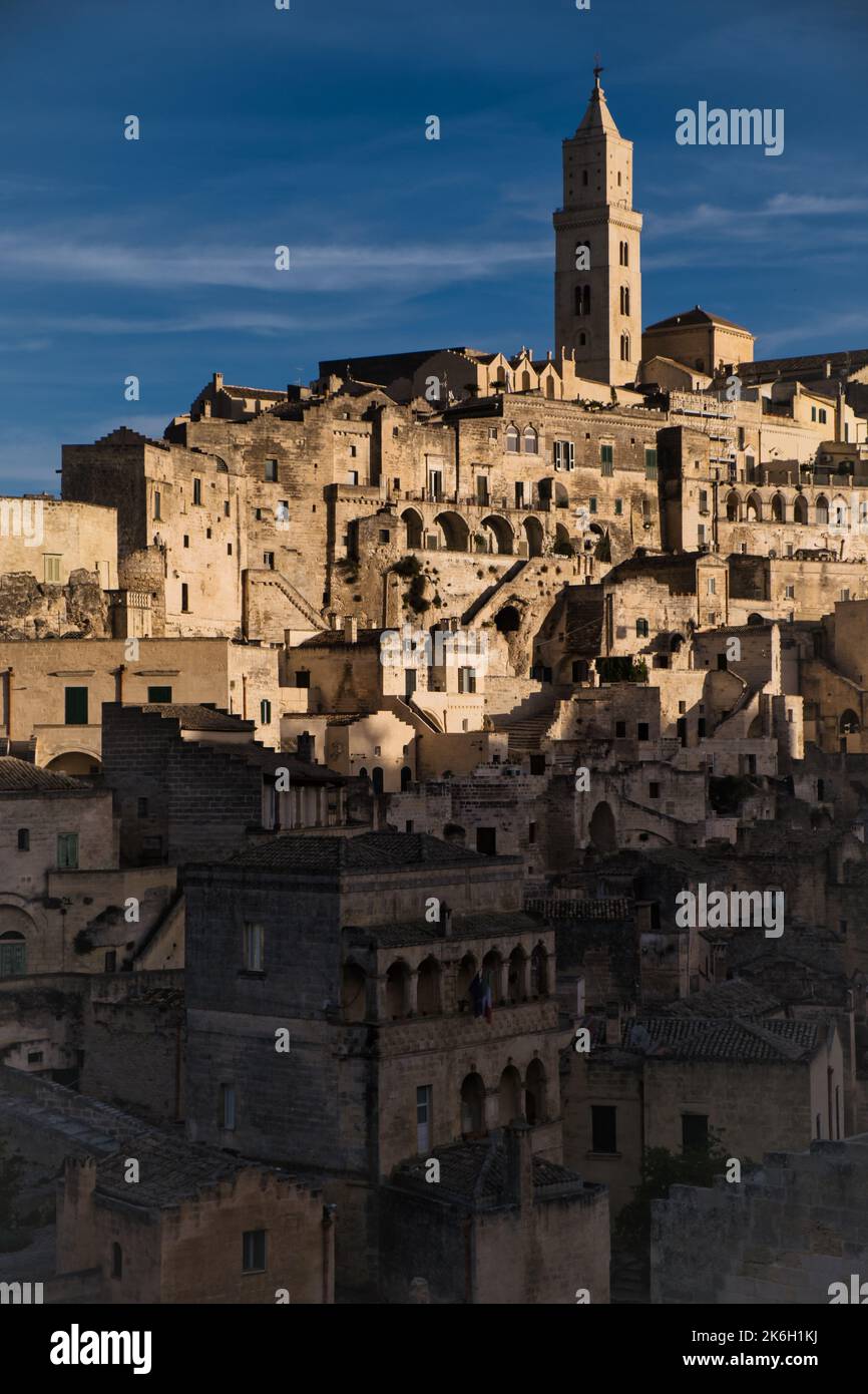 View of the Civita district in Matera with the characteristic bell tower Stock Photo