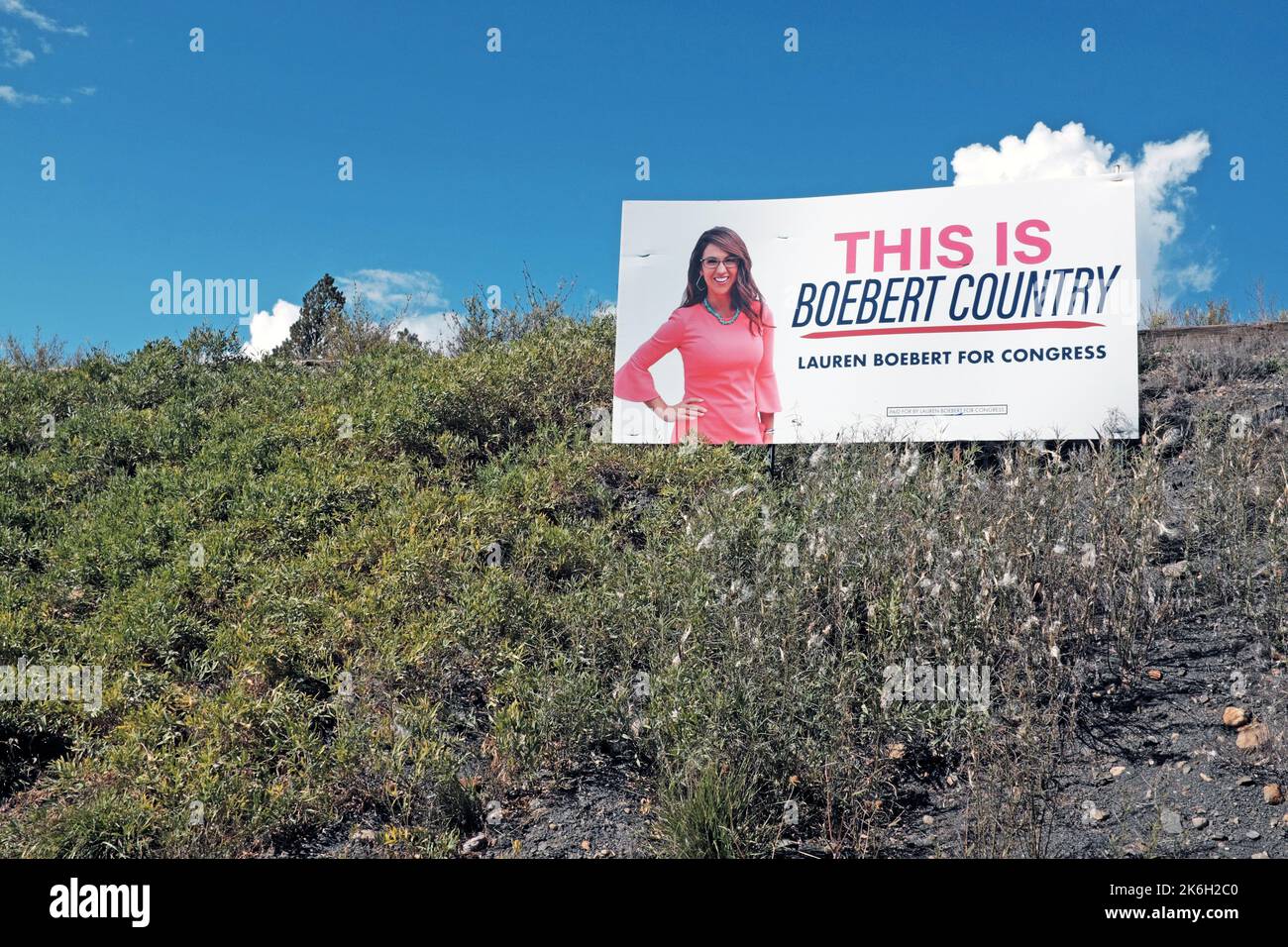 This is Boebert Country billboard posted on a ridge along US Highway 160 in the conservative-leaning town of Pagosa Springs, Colorado, USA. Stock Photo