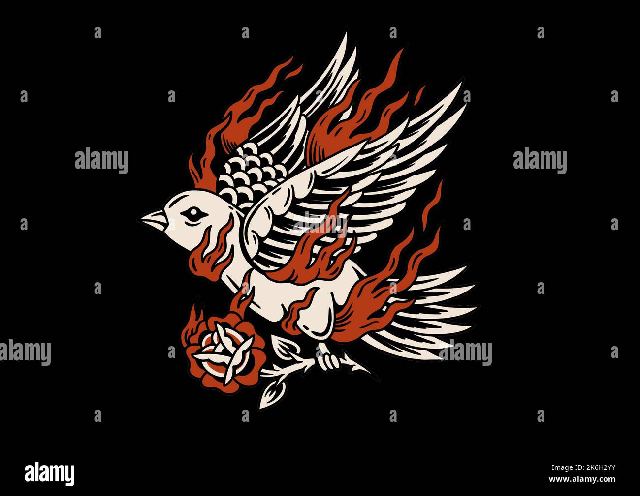 Old school traditional tattoo inspired cool graphic design illustration dove bird on fire with rose for merchandise t shirts stickers wallpapers Stock Photo