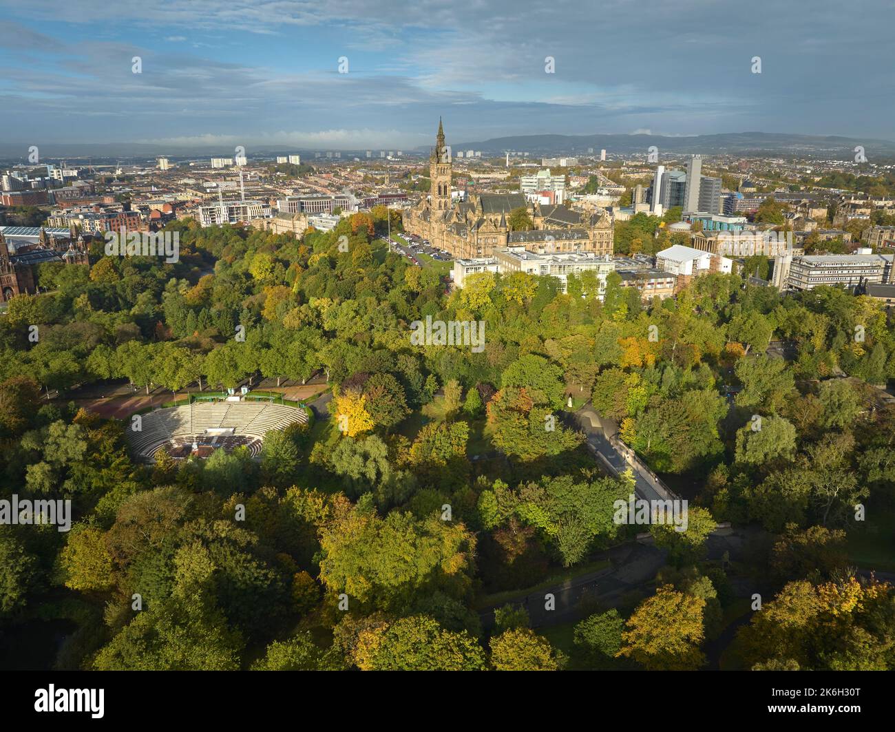 Aerial view of University of Glasgow with the Bandstand in Kelvingrove Park in the foreground. Stock Photo