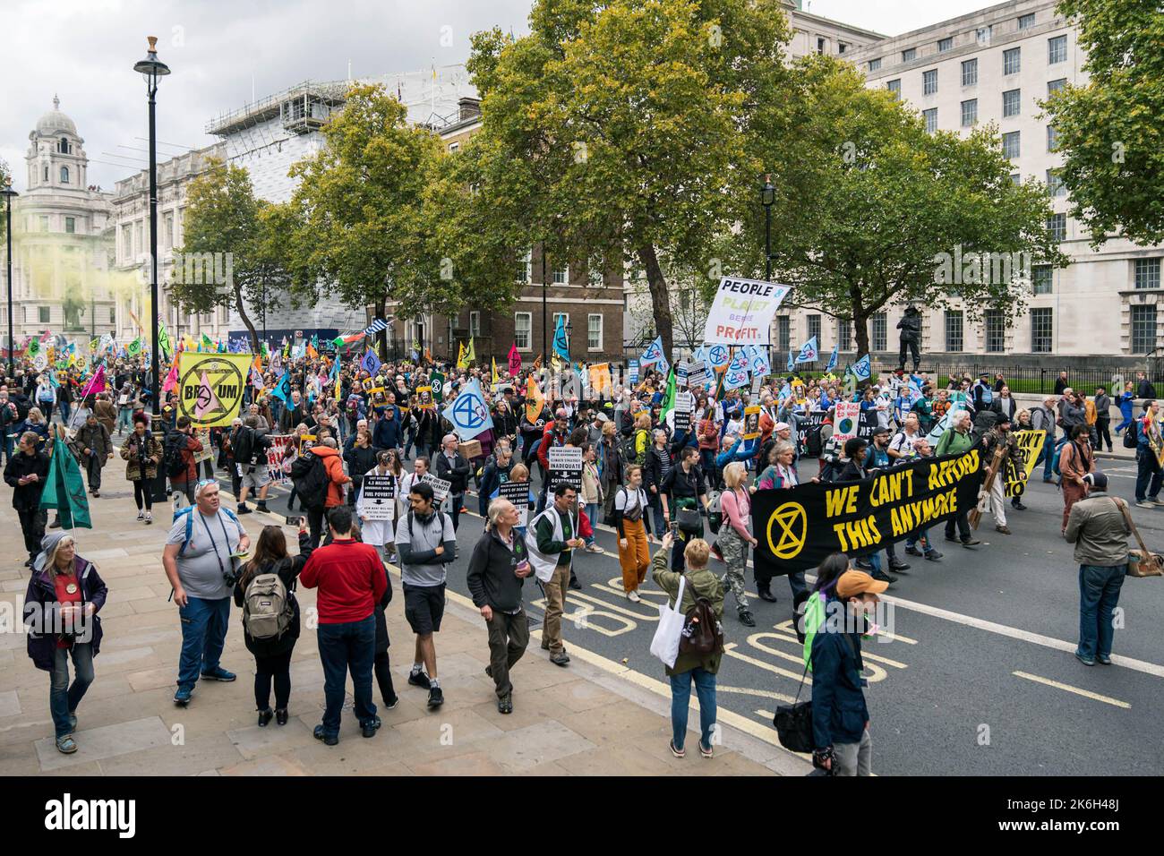 London, UK. 14 Oct, 2022. Extinction Rebellion protesters march from Trafalgar Square to Downing Street via Whitehall demanding the government does more to address climate change, in London, UK. Credit: Vladimir Morozov/Alamy Live News. Stock Photo