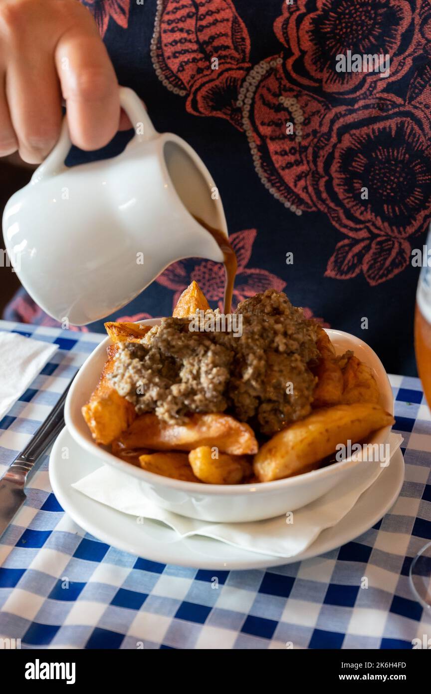 Scottish traditional snack food, hand cut potato chips topped with haggis and gravy served in old tavern, Edinburgh, Scotland Stock Photo